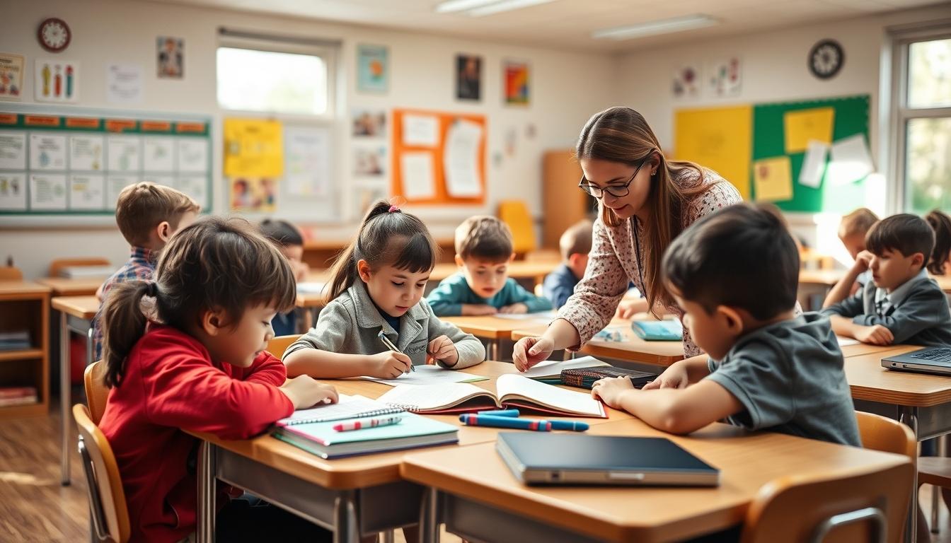 Students studying together in modern classroom